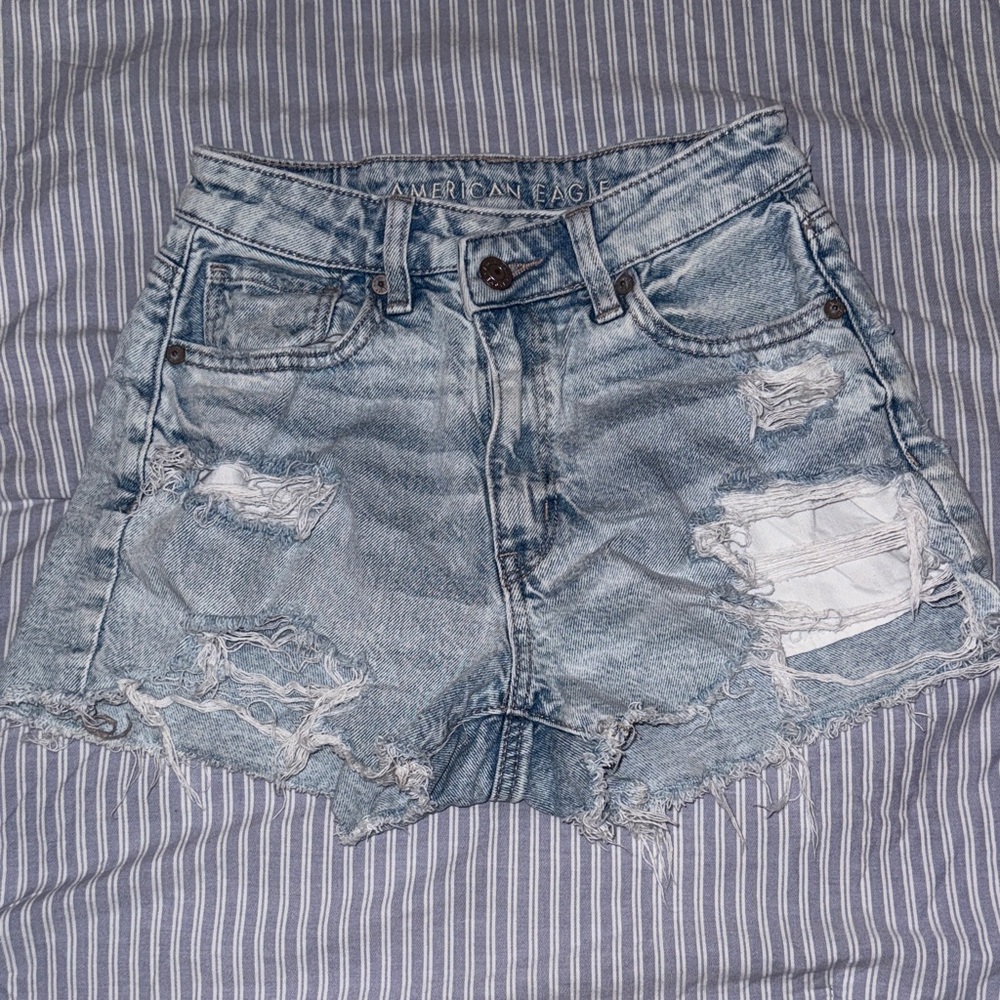 American Eagle Outfitters Women's Light Blue Distressed Jean Shorts